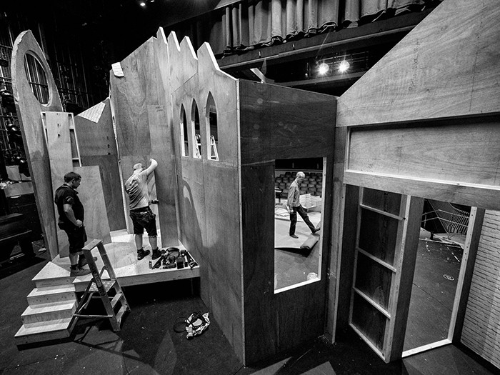 Off-site set buiders "Basement 94" and college theatre staff get to assembling and decorating the set for Albert Herring. Britten Theatre, Royal College of Music, Prince Consort Road, London. June 13, 2015. Photo: Edmond Terakopian