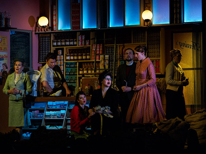 Maria Ostroukhova (Mrs Herring) is comforted when Albert is thought to have died. Dress rehearsal of Albert Herring by Benjamin Britten. Royal College of Music, Bitten Theatre, Prince Consort Road, London. June 28, 2015. Photo: Edmond Terakopian