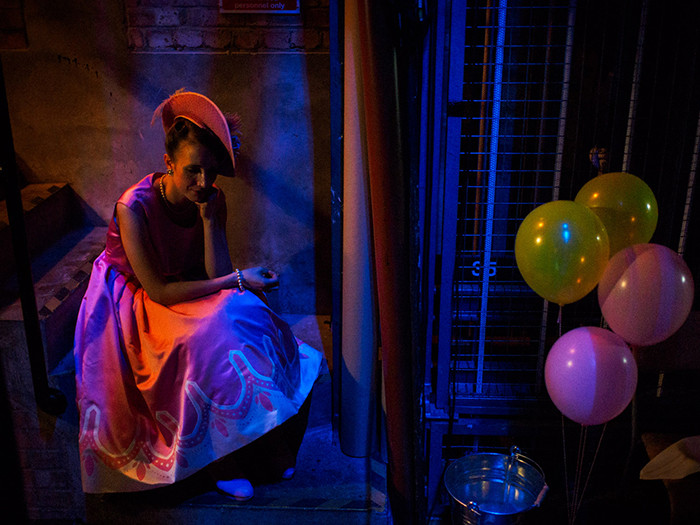 The final performance of Albert Herring at the Britten Theatre, RCM. Miss Wordsworth, played by Sofia Larsson, reflects on her performance backstage and awaits her cue for her next scene in the second act. Albert Herring by Benjamin Britten. Royal College of Music, Bitten Theatre, Prince Consort Road, London. July 08, 2015. Photo: Edmond Terakopian