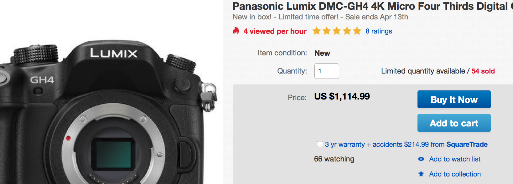 Panasonic GH4 for 1,114 on eBay US 43 Rumors