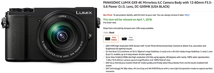 Panasonic GX9 will be in Stock on April 1 at Amazon US - 43 Rumors
